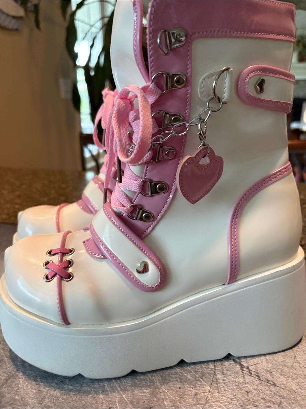 White & Pink Platform Lace-Up Women’s Boots Goth